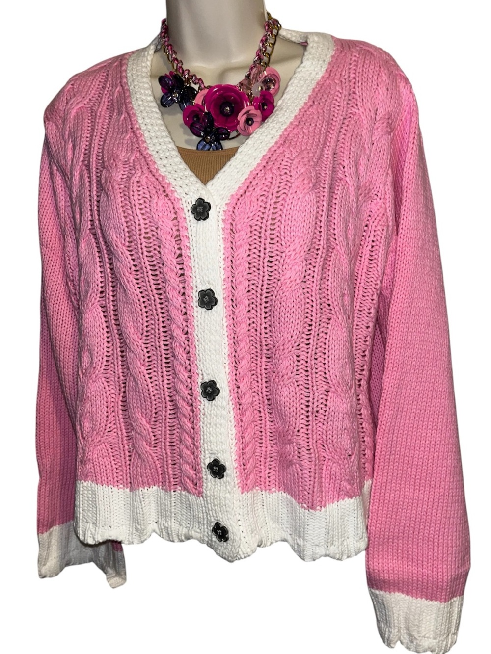 POL Large Barbie Pink Cable Knit V-Neck Cardigan Sweater - Picture 2 of 6